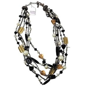 NWT Lia Sophia Black, White, Silver, Amber Beaded Multi Strand Necklace 18"-21"
